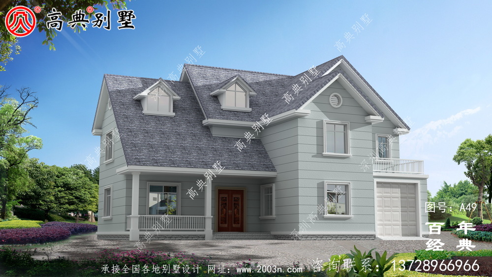 中式风格两层带车库别墅设计图纸及效果图_农村两层房屋设计图纸