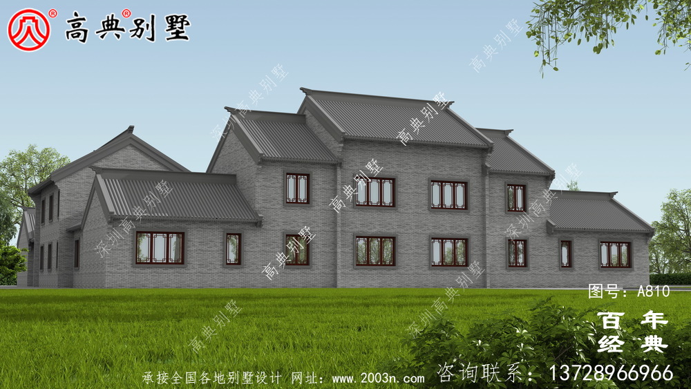 中式两层带院子别墅设计效果图及施工图_农村两层别墅设计图纸