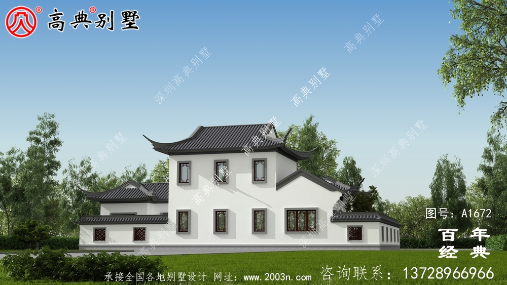 新中式豪华两层农村别墅设计图纸与外观效果图_农村四层别墅设计