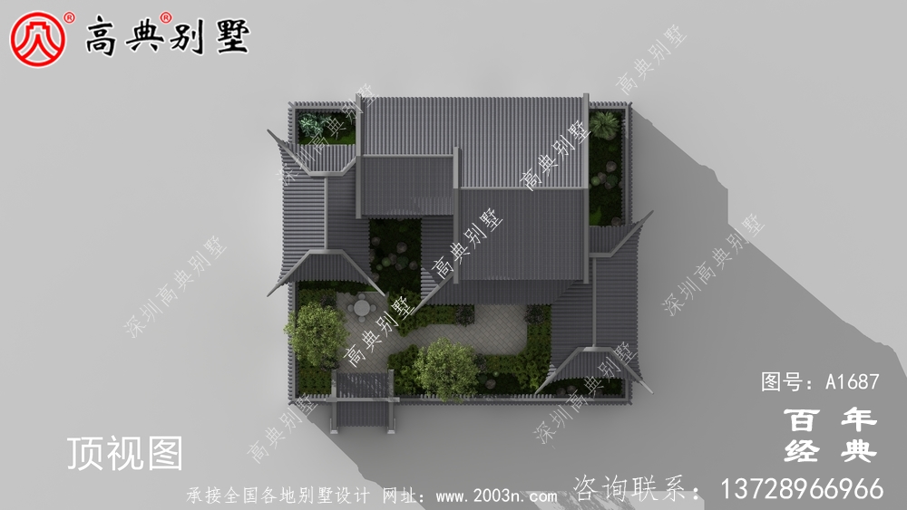 两层带庭院中式别墅外观设计图_农村三层别墅设计