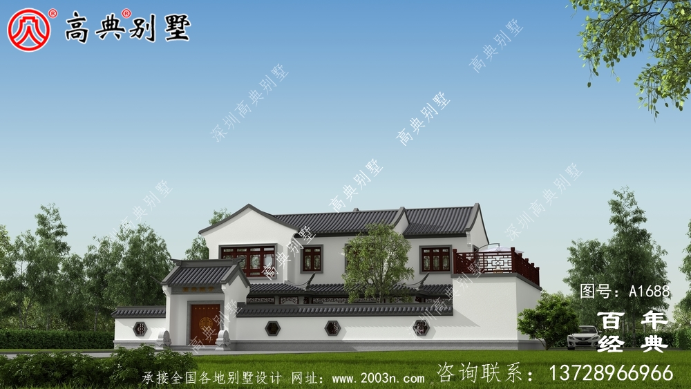 新中式两层带庭院农村别墅设计图纸效果图_农村两层别墅设计