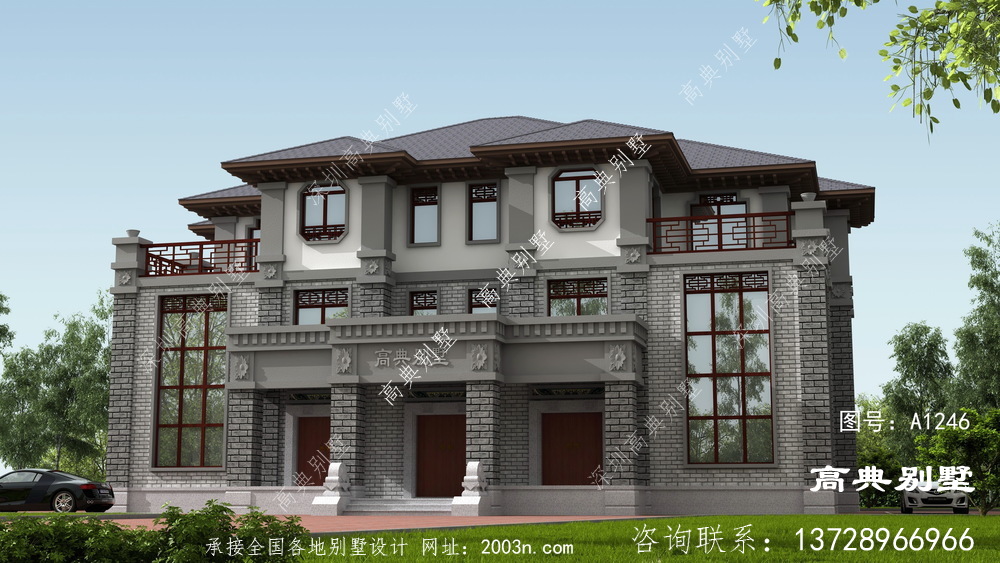 新中式风格双拼别墅设计图纸